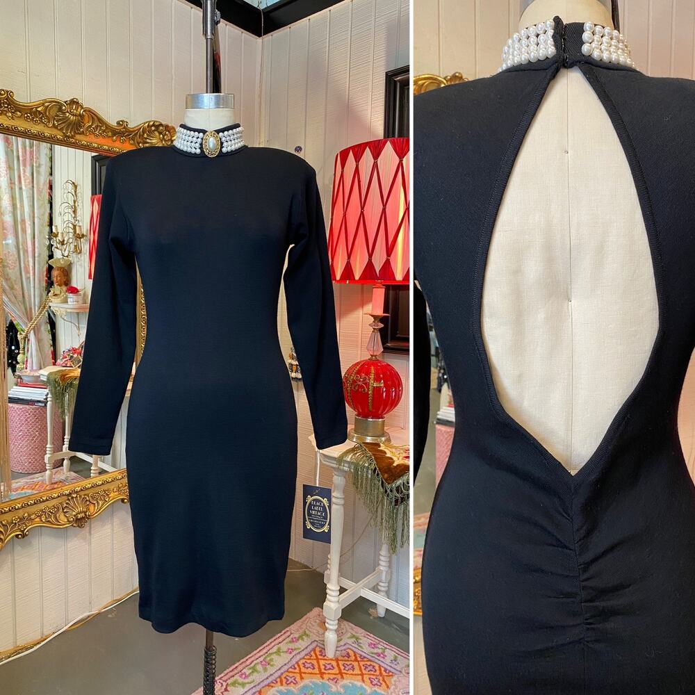 1980s black wool bandage dress backless beaded mock neck ruched 80s body con med